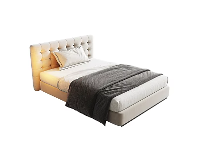 Modern Single Bed With Tufted Headboard White Pillows And Gray Blanket 3d model
