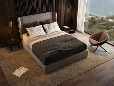 Gray Headboard Double Bed With White Pillows Dark Bedspread On Wooden Floor Rug Sea View 3d model