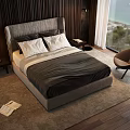 Gray Headboard Double Bed With White Pillows Dark Bedspread On Wooden Floor Rug Sea View