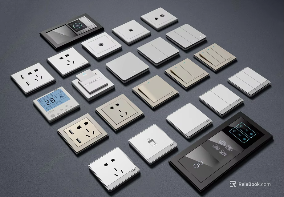Diverse Square Switch Panels With Sockets Digital Display And Different Color Styles 3d model