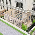 Sunlit Villa Balcony With Wooden Structure Large Glass Windows Green Plants And Lounger