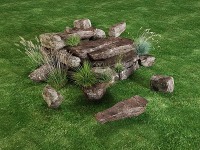 Stone and Wood Outdoor Landscape with Natural Rocks and Green Plants on Grass Lawn 3d model