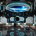 Modern KTV Lounge Interior With Neon Blue Lighting Large Screens And Sofa Seating