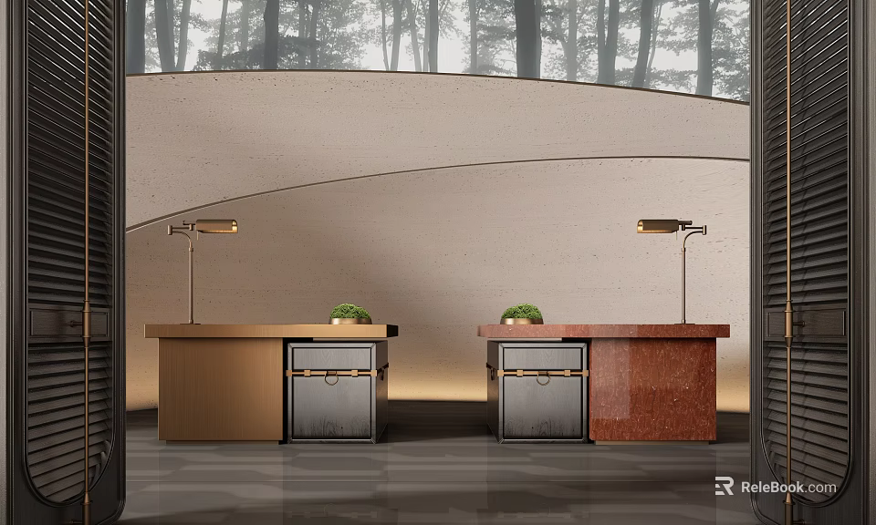 Modern Reception Desks Brown And Red With Table Lamps Small Plants Curved Wall Trees 3d model 