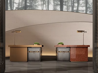 Modern Reception Desks Brown And Red With Table Lamps Small Plants Curved Wall Trees 3d model