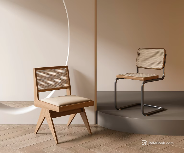 Modern Minimalist Dining Chairs With Woven Backrests Wooden And Metal Frames Light Cushions 3d model 