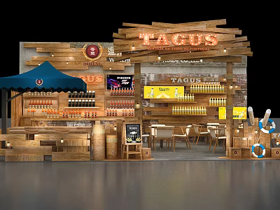 TAGUS Exhibition Booth With Wooden Structure Wine Display Blue Umbrella And Decorative Elements 3d model