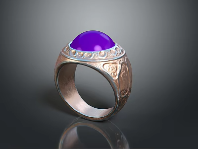 Fashionable Metal Ring With Purple Gemstone And Ornate Engraved Patterns 3d model