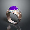 Fashionable Metal Ring With Purple Gemstone And Ornate Engraved Patterns