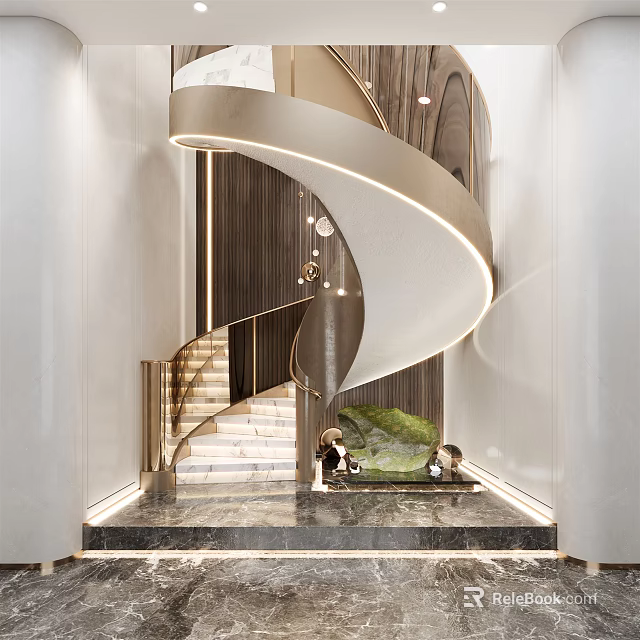 Modern Spiral Staircase Interior With Marble Steps And Elegant Lighting 3d model 