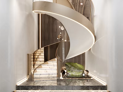 Modern Spiral Staircase Interior With Marble Steps And Elegant Lighting 3d model