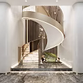 Modern Spiral Staircase Interior With Marble Steps And Elegant Lighting