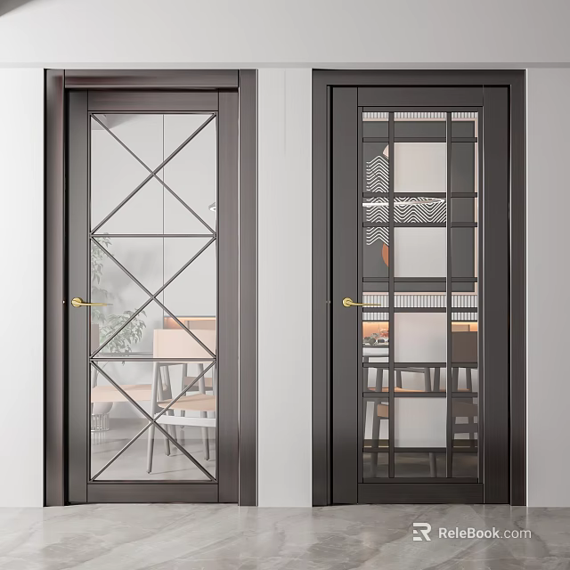 Dark Framed Hinged Doors with Geometric Glass Panels and Interior Dining View 3d model