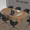Oval Wooden Meeting Table with Black Chairs Laptop and Notebooks in Modern Meeting Room
