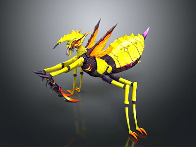 Yellow And Orange Mythical Animal With Wings Long Limbs And Sharp Claws 3D Render 3d model