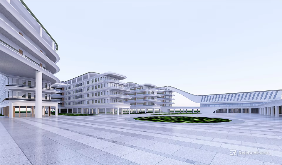 Modern Multi Storey School Building Featuring Open Plaza Stone Paved Ground And Green Lawn 3d model 