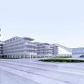 Modern Multi Storey School Building Featuring Open Plaza Stone Paved Ground And Green Lawn