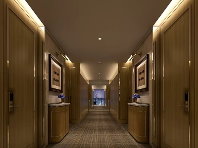 Elegant Elevator Hallway With Wooden Doors Decorative Paintings Warm Lighting And Carpeted Floor 3d model