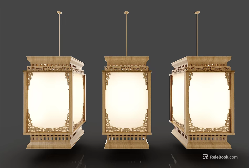 Three Traditional Chinese Chandeliers With Wooden Frame And Carved White Lampshade 3d model 