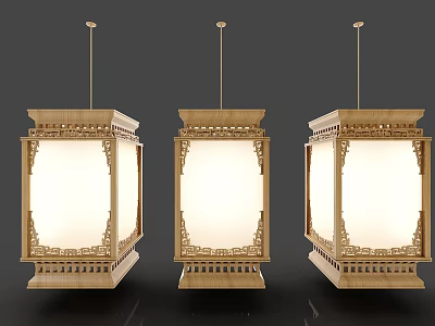 Three Traditional Chinese Chandeliers With Wooden Frame And Carved White Lampshade 3d model