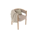 Modern Leisure Chair Natural Wooden Frame Soft Upholstered Cushion Beige Accent Pillow and Throw Blanket