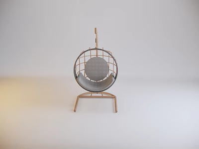 Modern Hanging Chair With Wooden Frame Circular Design And Gray Cushion 3d model