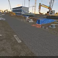 Construction Site Scene With Cranes Excavator Blue Temporary Building And Materials 3d model