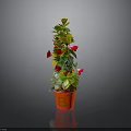 Decorative Potted Plant With Green Leaves And Red Flowers In Red Pot