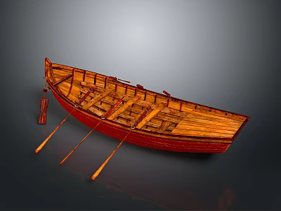 Traditional Wooden Boat With Red Exterior And Wooden Oars On Gray Background 3d model