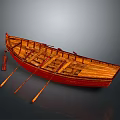 Traditional Wooden Boat With Red Exterior And Wooden Oars On Gray Background
