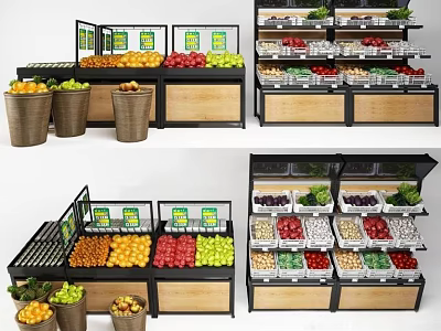 Organized Retail Display Shelves With Fresh Fruits And Vegetables On Multiple Tiers 3d model