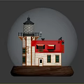 Decorative Snow Globe Featuring Lighthouse And Red Roof House On Wooden Base