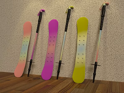 Pink Purple Yellow Snowboards And Ski Poles Leaning Against Wall On Wooden Floor 3d model
