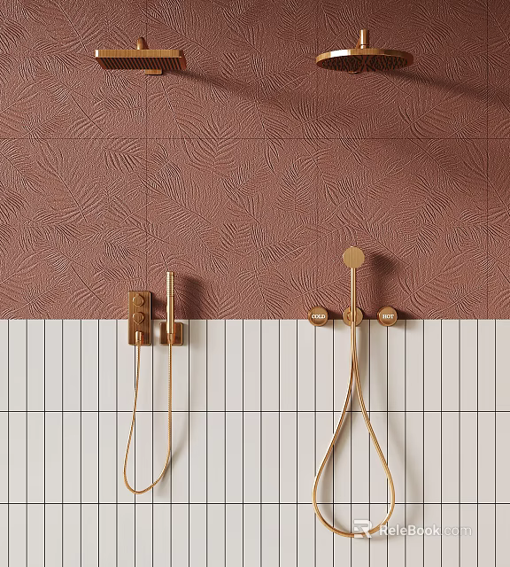 Bathroom Wall Design With Brown Textured Tiles White Striped And Gold Shower Fixtures 3d model 
