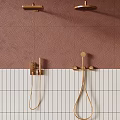 Bathroom Wall Design With Brown Textured Tiles White Striped And Gold Shower Fixtures
