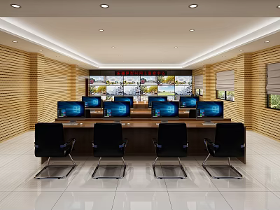 Modern Monitoring Room Interior With Control Desk Multiple Computer Monitors And Large Wall Screens 3d model