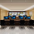 Modern Monitoring Room Interior With Control Desk Multiple Computer Monitors And Large Wall Screens