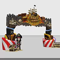 Pirate Themed Arch Decoration With Ship Model Pirate Characters And Flags 3d model
