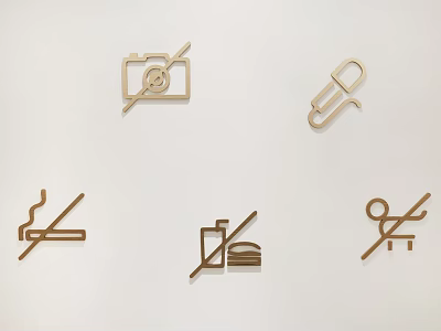 Wooden Hanging Prohibition Signs Featuring No Camera Smoking Food Sitting Warnings 3d model