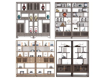 Chinese Style Antique Curio Shelves With Vases Tea Sets And Decorative Items 3d model
