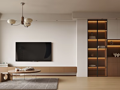 Modern Living And Dining Room Interior With Chandelier TV Wall Wooden Cabinet And Glass Display Shelves 3d model