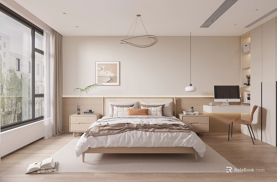 Modern Minimalist Bedroom With Large Bed Nightstands Hanging Chandelier Window Desk And Plant Rug 3d model 