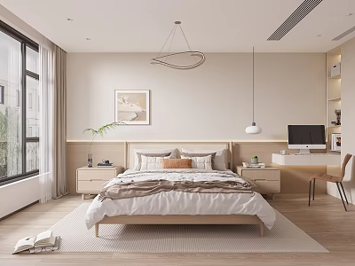 Modern Minimalist Bedroom With Large Bed Nightstands Hanging Chandelier Window Desk And Plant Rug 3d model