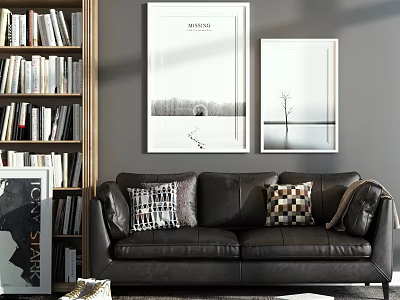 Black Leather Two-Seater Sofa With Plaid Pillows Wooden Bookshelf And Decorative Paintings On Gray Wall 3d model