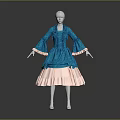 Elegant Blue Vintage Dress With Bell Sleeves Fitted Waist And Pink Ruffled Skirt