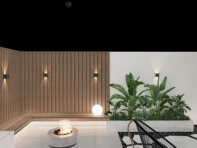 Garden Landscape with Wooden Wall and Wall Lights Fire Pit Green Plants Night Sky Moon 3d model