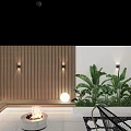 Garden Landscape with Wooden Wall and Wall Lights Fire Pit Green Plants Night Sky Moon