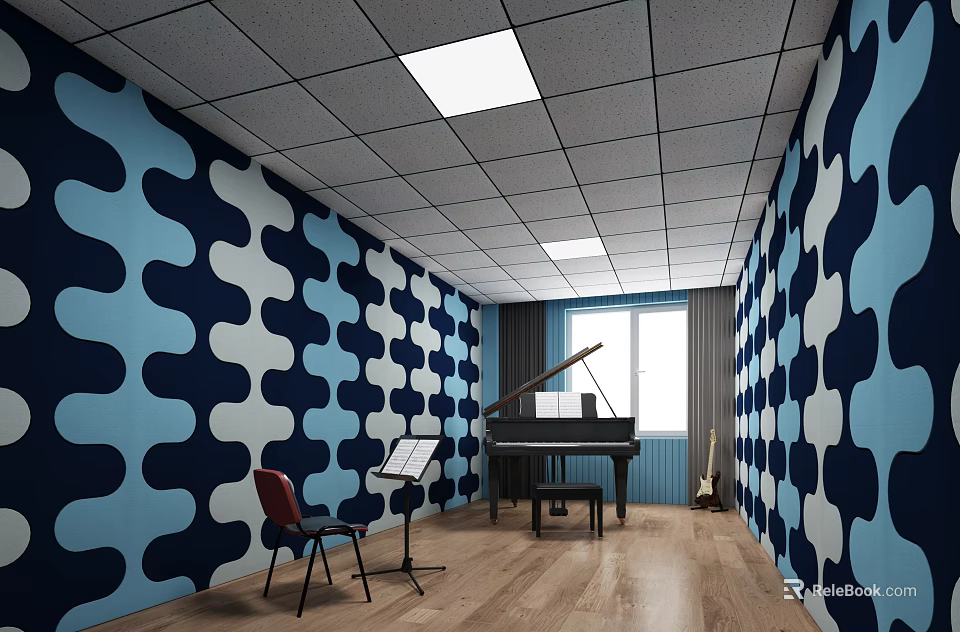 Music Room With Blue White Wave Walls Piano Guitar And Shoe Bench 3d model 