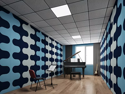 Music Room With Blue White Wave Walls Piano Guitar And Shoe Bench 3d model