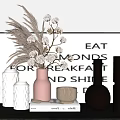 Decorative Ornament Set with Pink Black White Vases Pampas Grass and Gold Accents